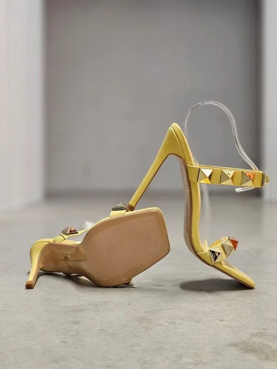 Yellow Studded High Heel Sandals With Straps & Square Toe Design For Women - Picture 8 of 15
